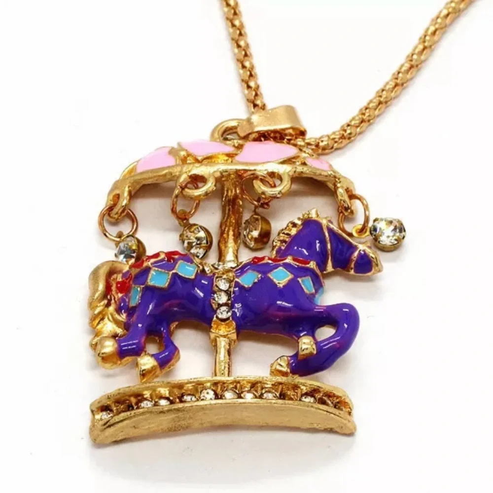 Merry Go Round Carousel Miniature Dark Blue, Pink, & Gold Necklace - Picture 2 of 6